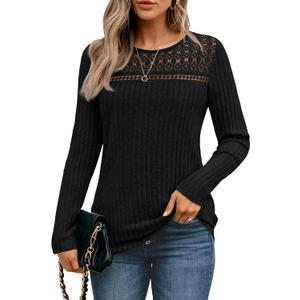 DERAX Women's Long Sleeve Shirt Top Crew Neck Lace Mesh Casual Dreesy Work 2026 Spring Tunic Blouse L