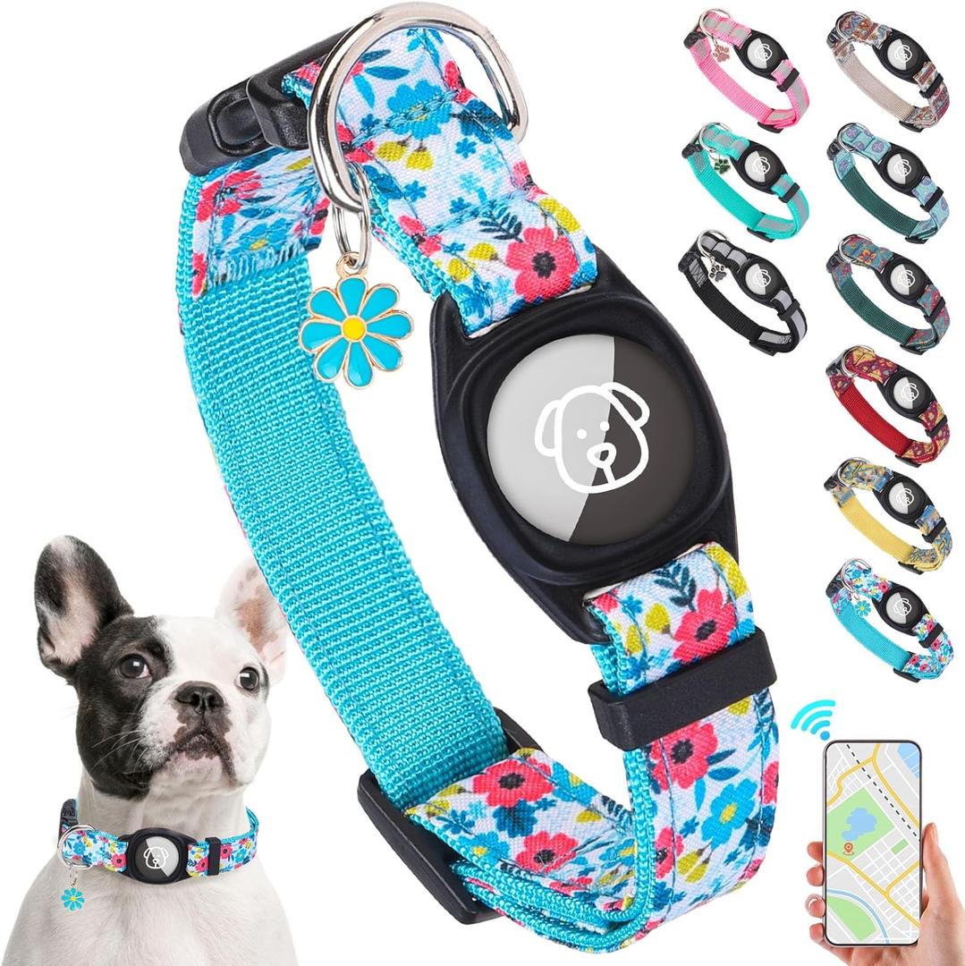 SCENEREAL Airtag Dog Collar for Small Medium Dogs, Puppy Collar with Durable Airtag Holder, Compatible Apple Air Tag, Anti-Lost Adjustable Soft Comfortable Unique Style, Blue Flower XS