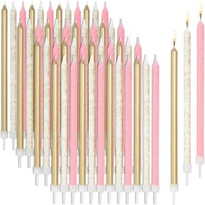 48-Pack Metallic Glitter Confetti Long Thin Birthday Cake Candles 5-Inch with Holders, 3 Colors