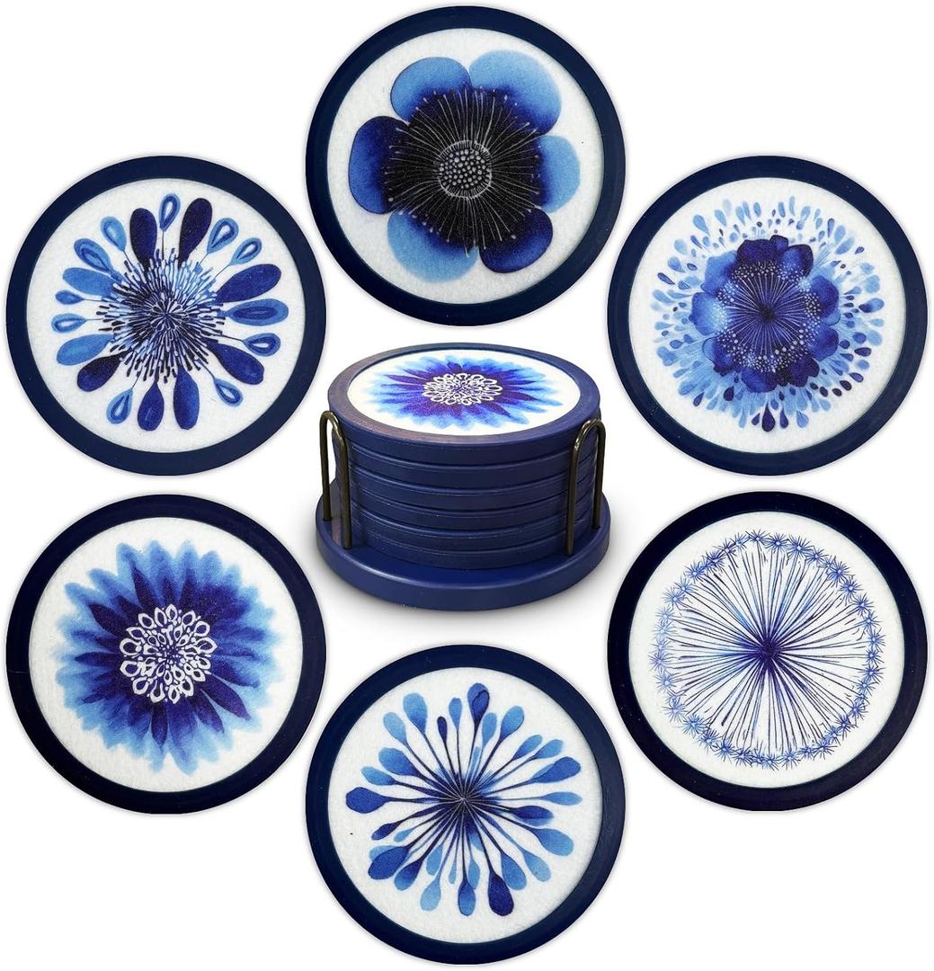 Indigo Floral Non-Slip Silicone Coasters, 4-Pack Double-Sided Absorbent Cup Mats for Hot & Cold Drinks, Scratch & Water Ring Protection for Wood Tables, Home Office Bar Use (6PC)