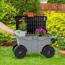 Pure Garden Rolling Garden Cart with Seat - Plastic Storage with Bench and Interior Tool Tray - Gardening Stool for Weeding and Planting (Gray)