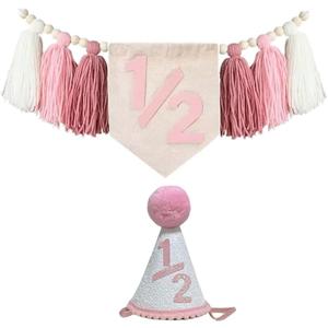 Pink Half Birthday High Chair Banner with Cone Hat Pink White 1/2 Birthday Girl Baby Shower Wall Hangings Decorations