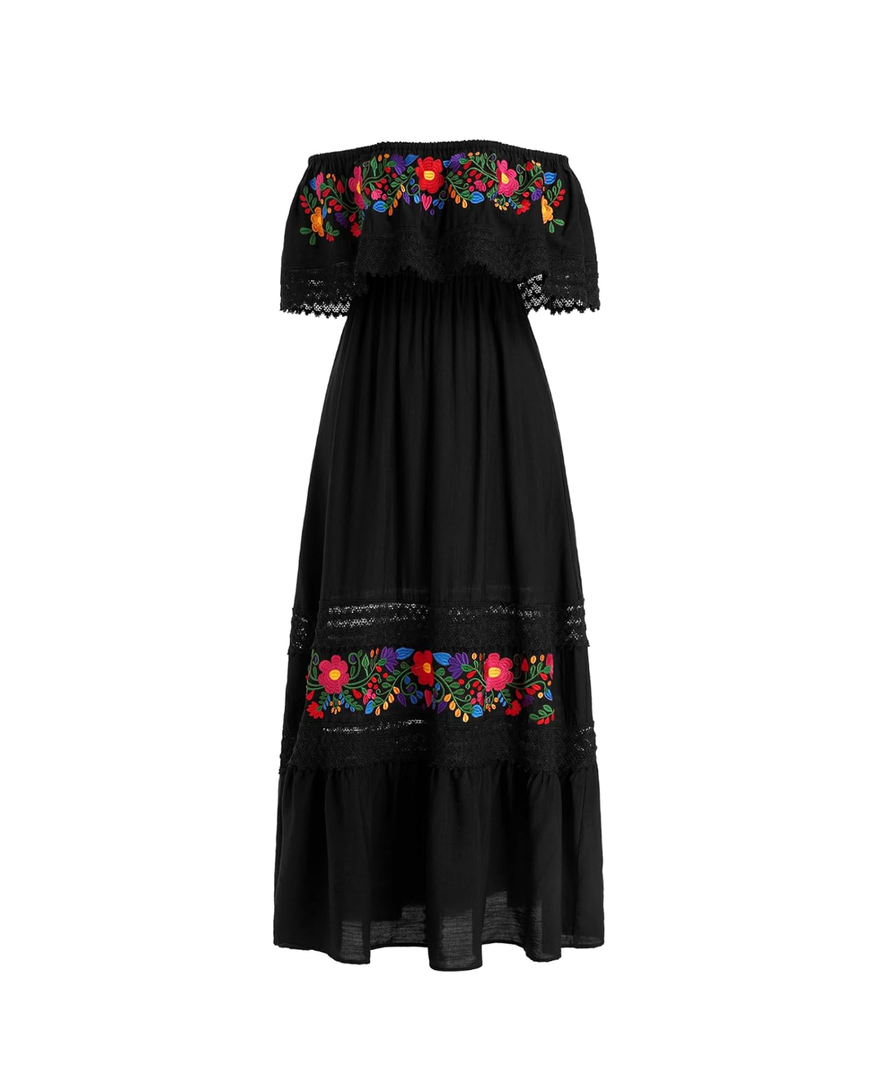 Mexican Dress for Women Traditional Off Shoulder Embroidered Present Casual Lace Long Maxi Dress Cinco de Mayo Outfit