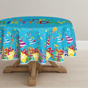 Horaldaily Birthday Tablecloth 70x70 Inch Round, Happy Birthday Ballon Blue Washable Seasonal Table Cover for Party Picnic Dinner Decor