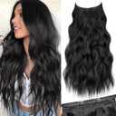 KooKaStyle Invisible Wire Hair Extensions with Transparent Headband Adjustable Size 4 Secure Clips Black Long Wavy Synthetic Hairpiece 20 Inch for Women