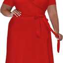 Tycorwd Women's Plus Size Midi Wrap Dresses Summer Short Sleeve Flowy Swing Beach Dress with Belt and Pockets (Red, 4XL)