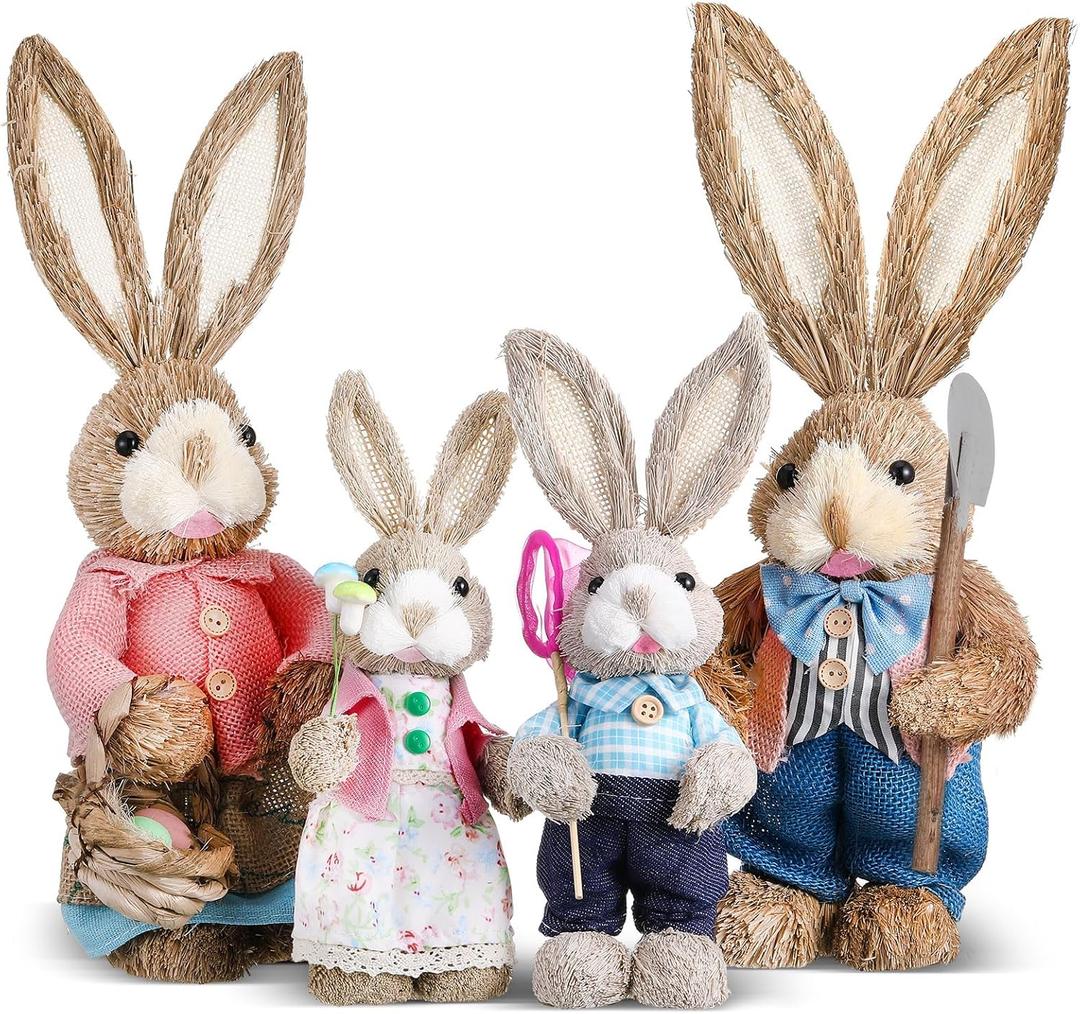 Wesiti Set of 4 Easter Straw Bunny Family Figurine Decorations, 13.8" 9.8" Standing Straw Rabbit Statue, Easter Rabbits Tabletop Statues for Spring Office Kitchen Farmhouse Home Decor