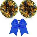 Hanaive 3 Pcs Cheerleading Pom Poms and Large Cheerleader Hair Bow Metallic Cheer Supplies for Team Spirit Sports Dance Cheering (Blue Mixed Gold)