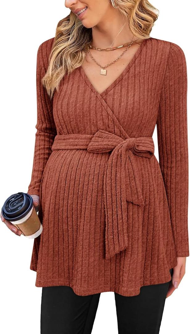 FMEYOA Womens Maternity Shirts Long Sleeve Pregnancy Tops Casual V Neck Ribbed Knit Pregnant Blouses (Brown, S)