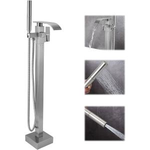 Waterfall Freestanding Bathtub Faucet, Floor Mount Bathroom Tub Filler Bath Shower Faucets with Handheld Sprayer, Brushed Nickel