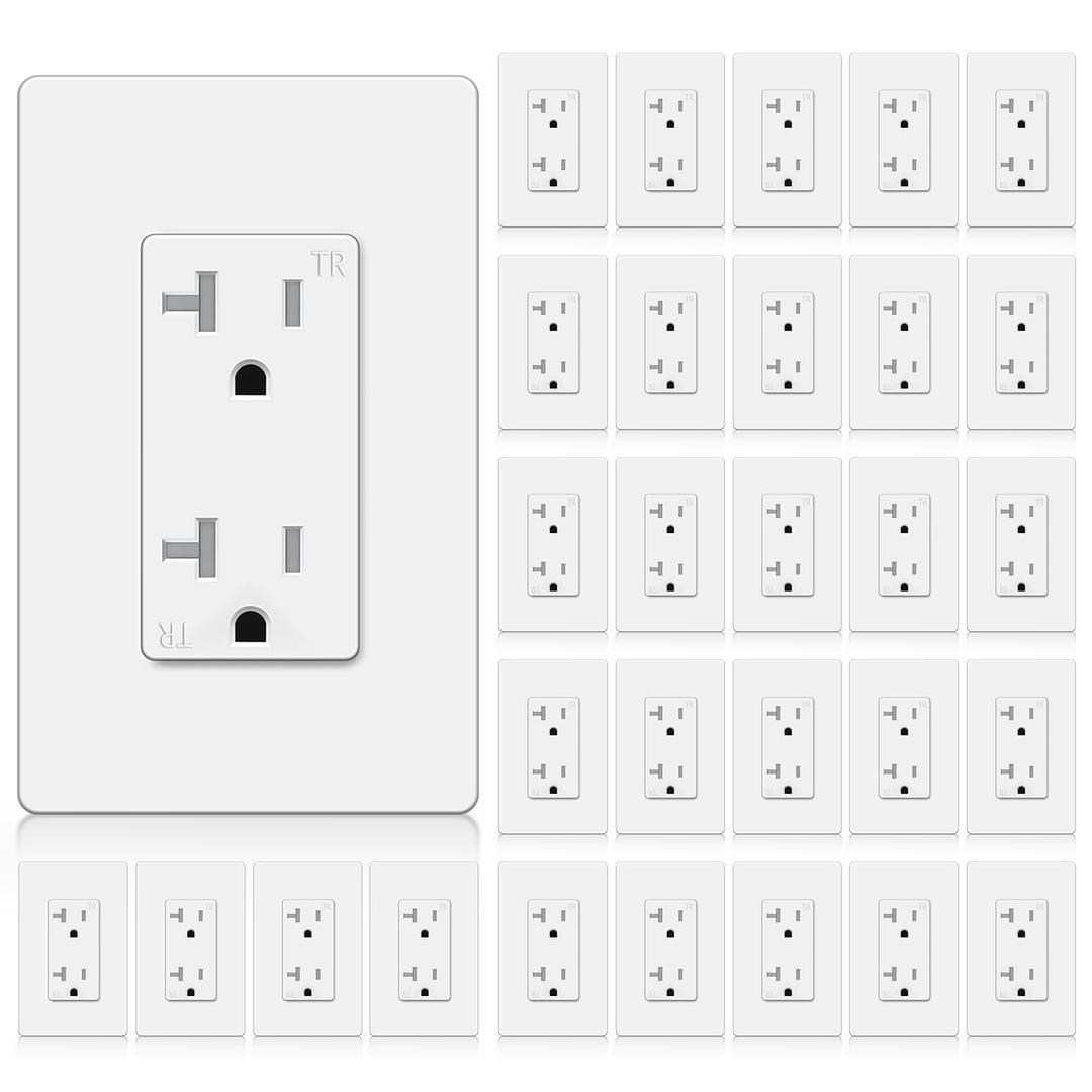 BESTTEN 30 Pack 20 Amp Receptacle Outlet with Tamper Resistant, Decorator Electrical Wall Outlet, Screwless Wallplate Included, 20A/125V/2500W, UL Listed, White