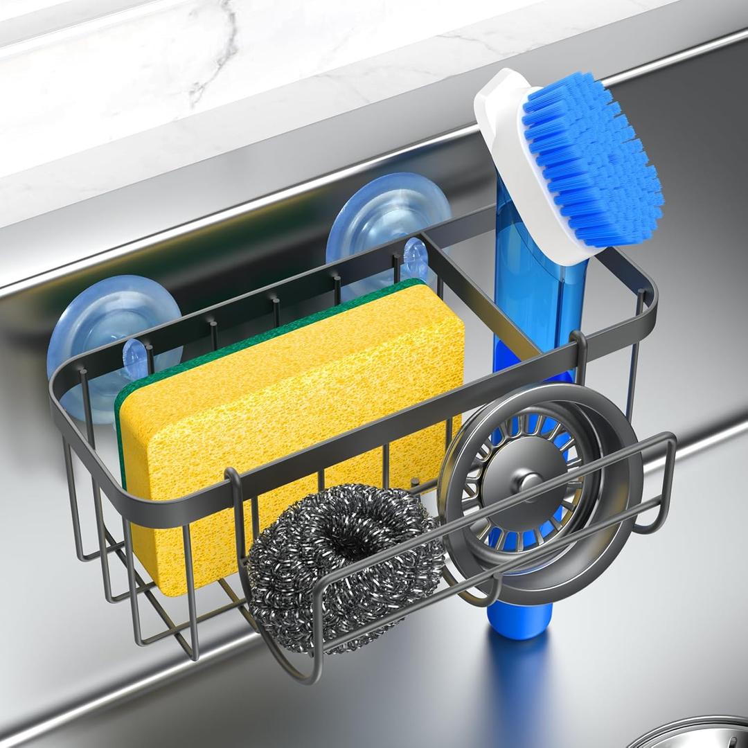 3-in-1 Kitchen Sink Caddy Organizer with Sponge Holder, Brush Holder, Extra Rack for Scrubber, Sink Stopper, Dish Cloth Hanger - Strong Dual Suction Cup, 2.0mm SUS304 Stainless Steel - Grey