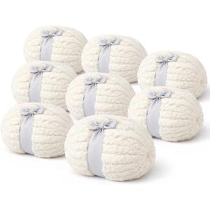 Cream Chunky Chenille Yarn - Super Bulky Thick Yarn for Hand Knitting and Crocheting - Extra Soft Jumbo Yarn for Blankets, Scarves - 8-Pack (9 Oz Each Skein)