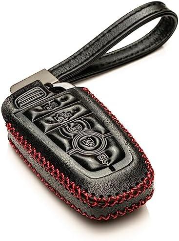 Vitodeco Genuine Leather Smart Key Fob Case Compatible with Ford Mustang 2018-2025, Ford Mustang Mach-E 2021-2025 (5-Button, Black/Red)