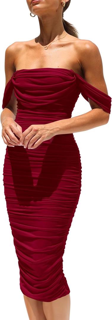 PRETTYGARDEN Summer Off The Shoulder Ruched Bodycon Dresses Sleeveless Sexy Party Club Midi Dress (Medium, Burgundy)
