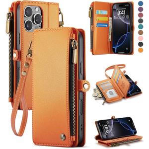 Defencase Compatible with iPhone 16 Pro Max Case Wallet with RFID Blocking Card Holder for Woman Men, PU Leather Magnetic Snap Flip Zipper Strap Phone Case for iPhone 16 Pro Max 6.9", Orange