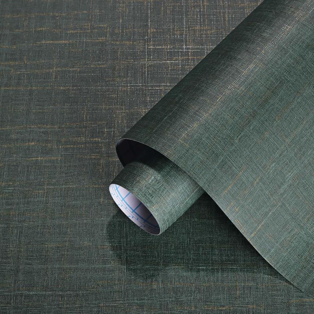 Dimoon 236 x 17.3 Green Contact Paper Grasscloth Peel and Stick Wallpaper Imitation Linen Texture Wallpaper Golden Removable Thicken Embossed Green Golden Film Self Adhesive Decorative Shelf Roll