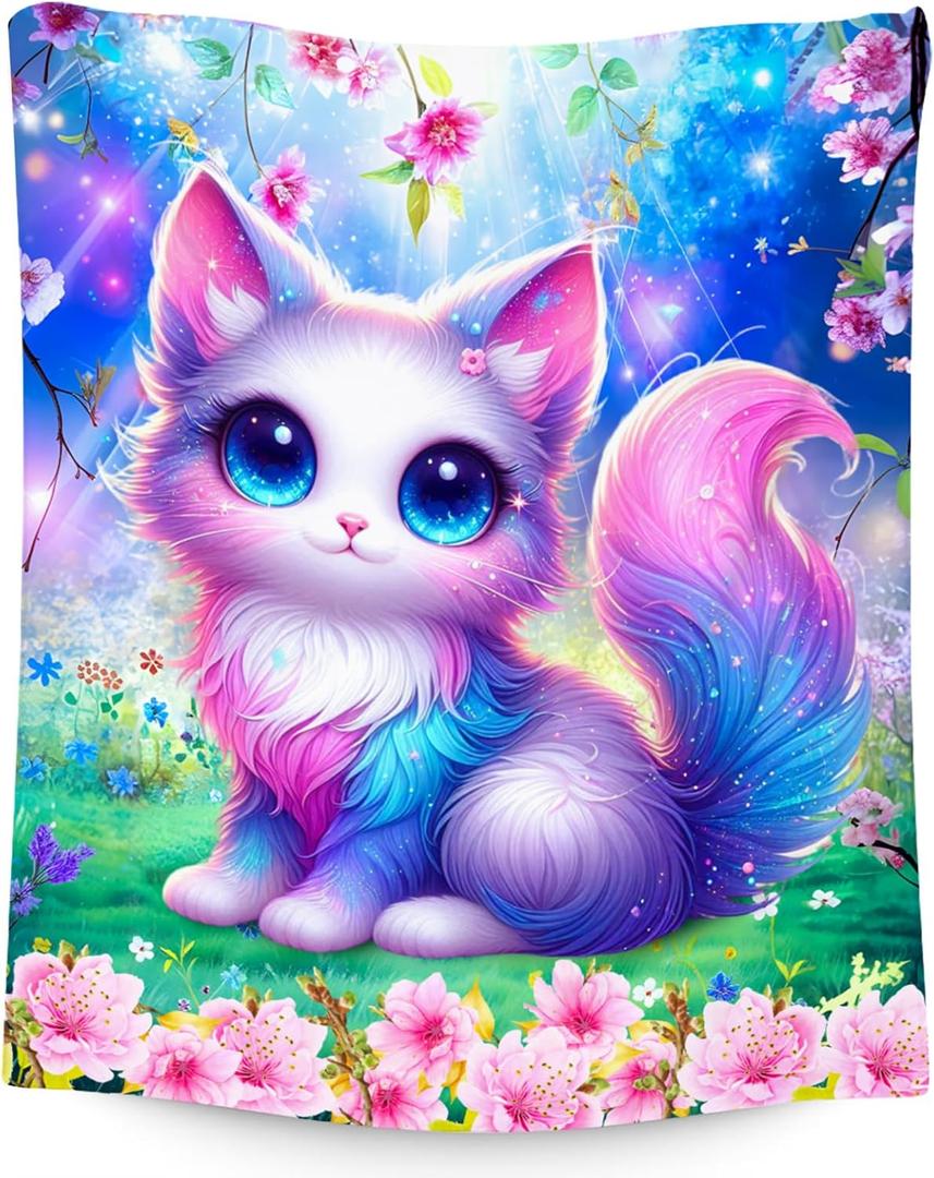 Blanket Gifts for Girls, Cat Blankets for Cat Lovers, Girls Throw Gifts, Cute Flannel Throw for Kid, 30"x40" (Deep Blue)