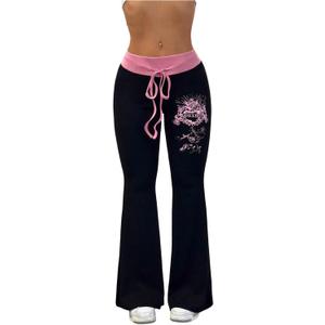 SHENHE Women's Y2k Flare Pants Grunge Drawstring Goth Punk Bell Bottom Yoga Pants (Black, XS)