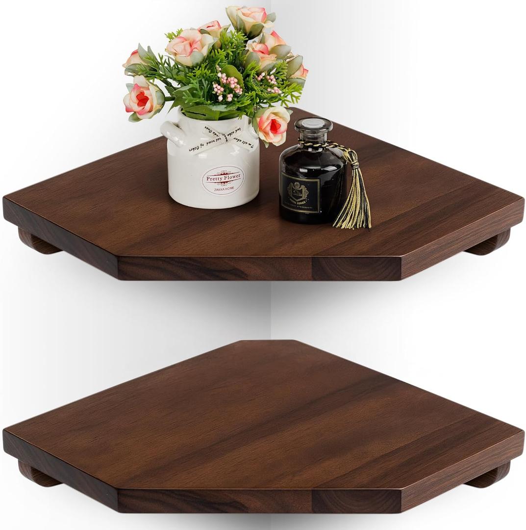Demigo Hexagon Corner Floating Shelves Wall Mount (Set of 2) – Solid Acacia Wood with Hidden Brackets & Cable Hole – Rustic & Modern Space-Saving Shelves for Bedroom Living Room Office Kitchen