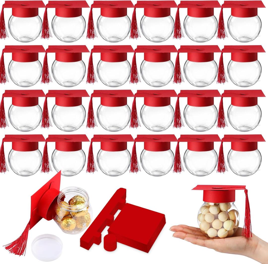 Teenyyou 24 Pcs Red 2026 Graduation Cap Candy Jars Graduation Party Favors Candy Containers Bulk Grad Cap Box Jars Container with Tassels for DIY Table Party Supply Gifts