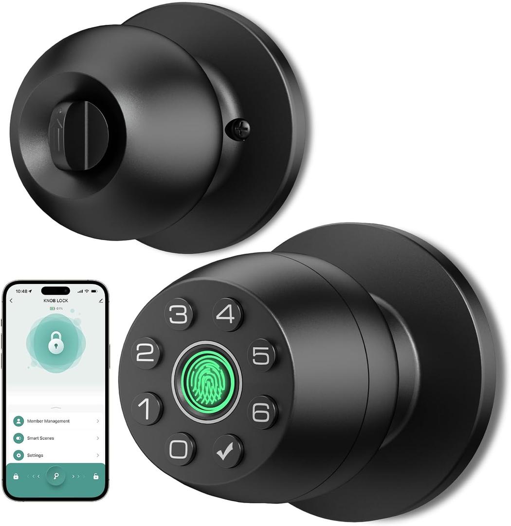 Fingerprint Door Lock, Smart Door Knob With Fingerprint And Keypad Password, App-Controlled Biometric Door Lock, Keyless Entry, Suitable For Bedrooms, Offices, Hotels, And Apartments (Matte Black) HL-5