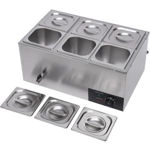 6 Pan Commercial Food Warmer Countertop with Lids, Electric Food Warmer Steam Table, 600W Professional Buffet Servers and Warmers Stainless Steel Buffet Bain Marie with 86-185F Temp Control