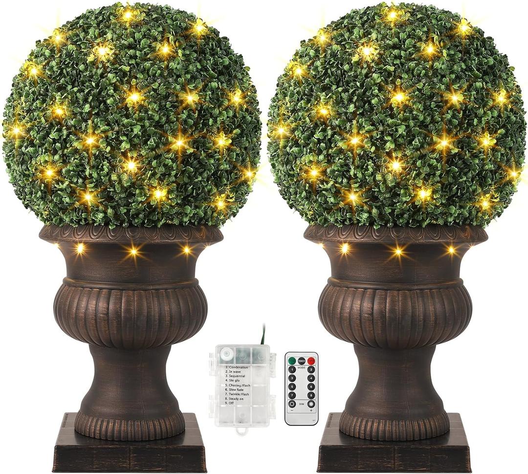 20 Artificial Plant Topiary Ball, Pre-Lit Artificial Topiary Plant with 50 Lights, Timer and Remote Control, Artificial Outdoor Porch Trees with Sturdy Pot for Outdoor IndoorRed Urn Base 2 pcs