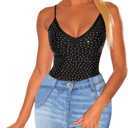Women's Mesh Tops Glitter Sparkle Rhinestone Shirts See Through Tees Sheer Going Out Blouse (#18 Black)