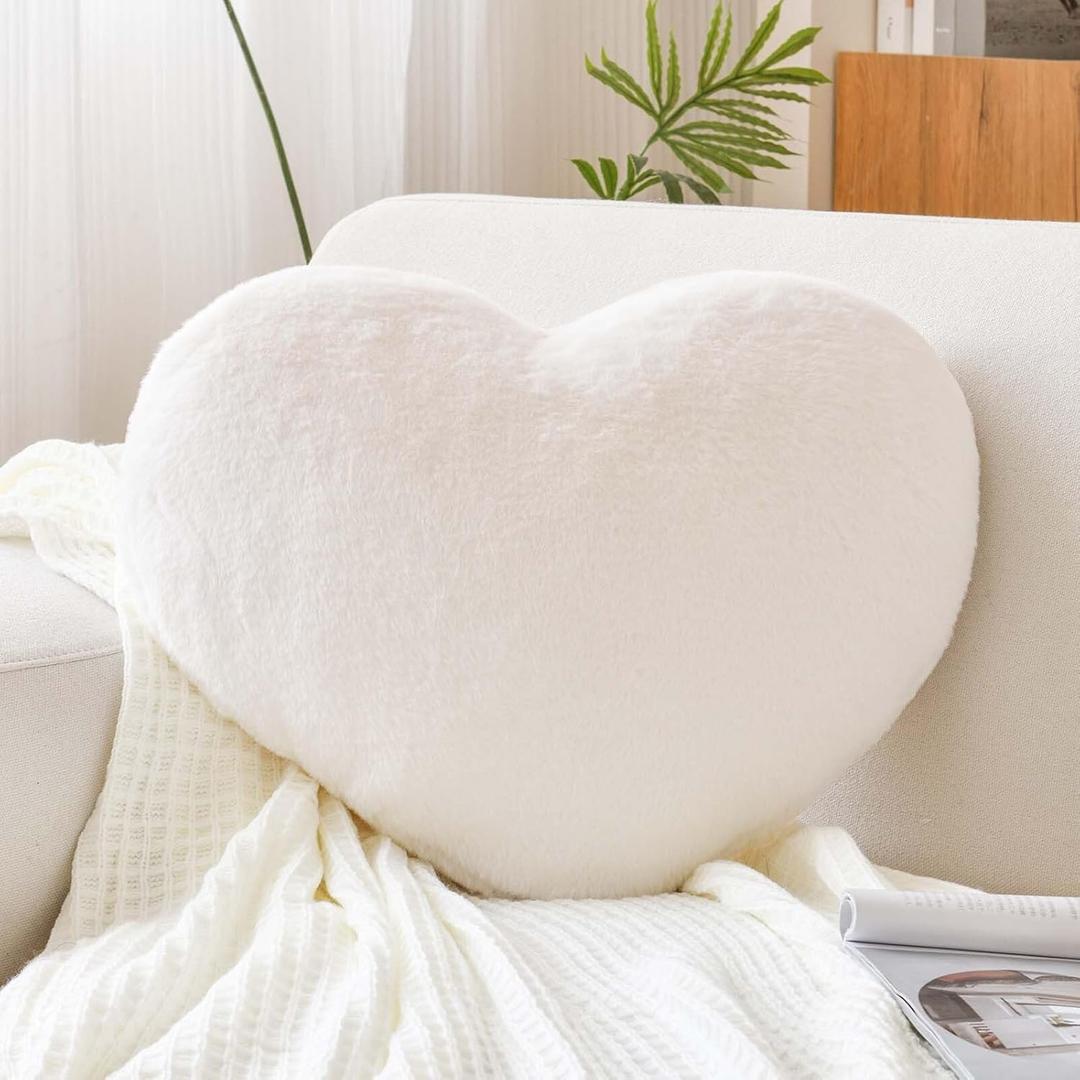 Ivory Heart Pillows, Cute Heart Decorative Pillow, Heart Shaped Throw Pillows for Bed, Faux Rabbit Fur Plush Hoom Decor Pillow Cushion for Chair Sofa Living Room (Medium-15.7"x11.8")