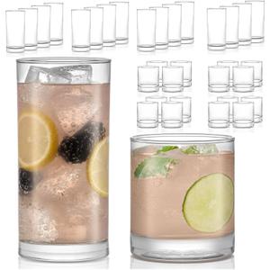 Libbey Province 24-Piece Glasses Drinking Set, Ideal Dining Glassware Sets, Glass Tumbler Set with Lines, Dishwasher Safe Glass Sets For Drinking, 24 Piece Assortment