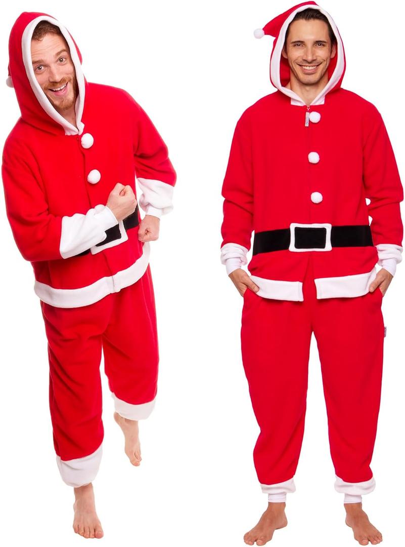 Funziez! Slim Christmas Adult Onesie - Fun Holiday Costume - Santa Clause and Reindeer One Piece for Adults, Women and Men (Large)