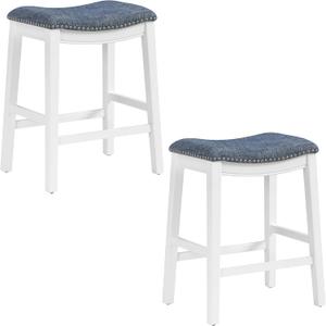 OSP Home Furnishings Metro Farmhouse Saddle Stool with Nailhead Trim, 2-Pack, 24-inch Counter Height, White Frame with Indigo Fabric