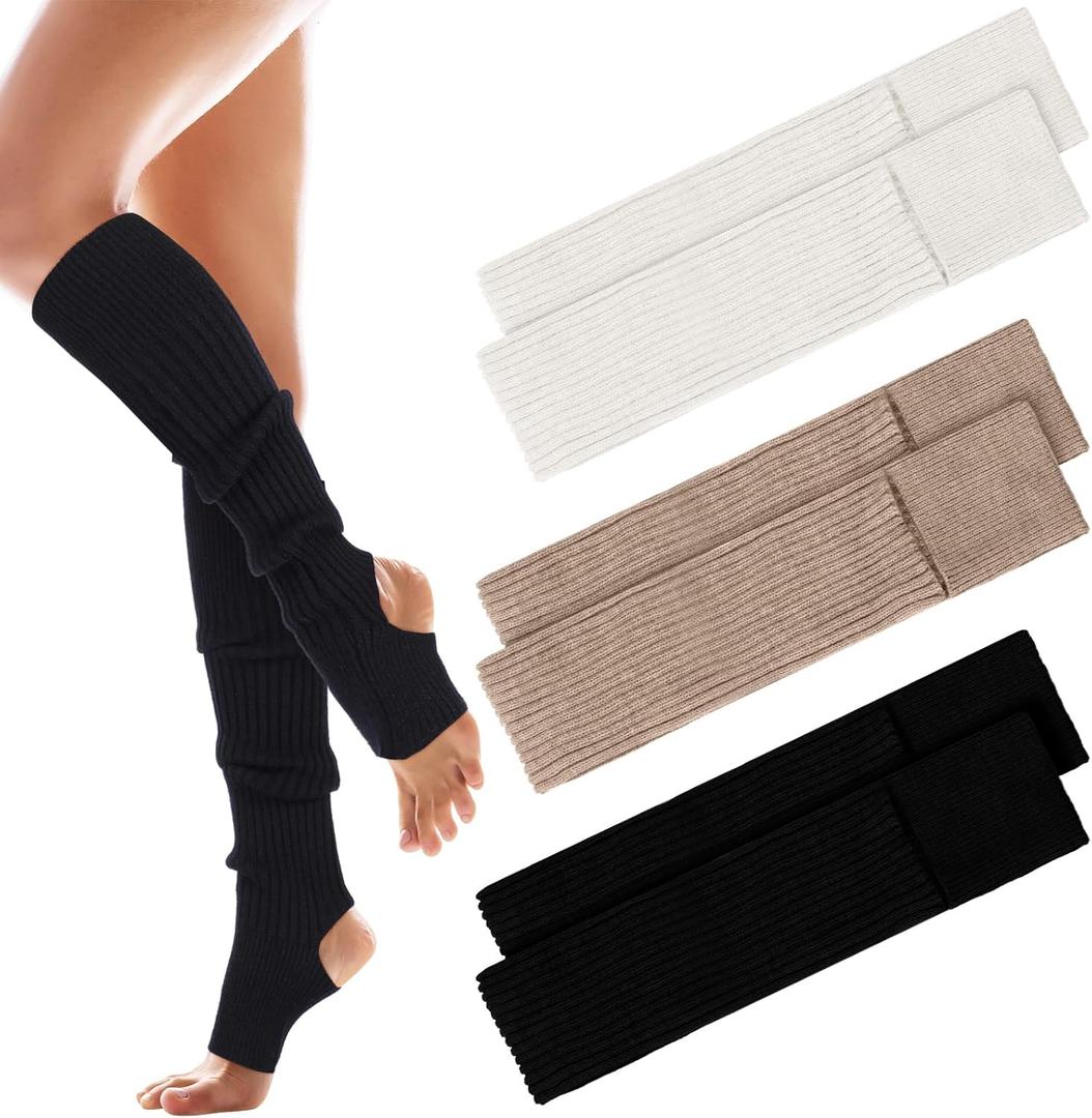 3 Pairs Cashmere Winter Dance Leg Warmers Wool Knitted Stirrup Leg Warmers for Women Girls Ballet Dance Yoga (Black, White, Khaki)