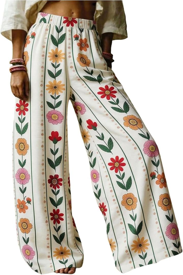 SOLY HUX Boho Wide Leg Pants Women High Waist Elastic Baggy Palazzo Pants Holiday Pants, S