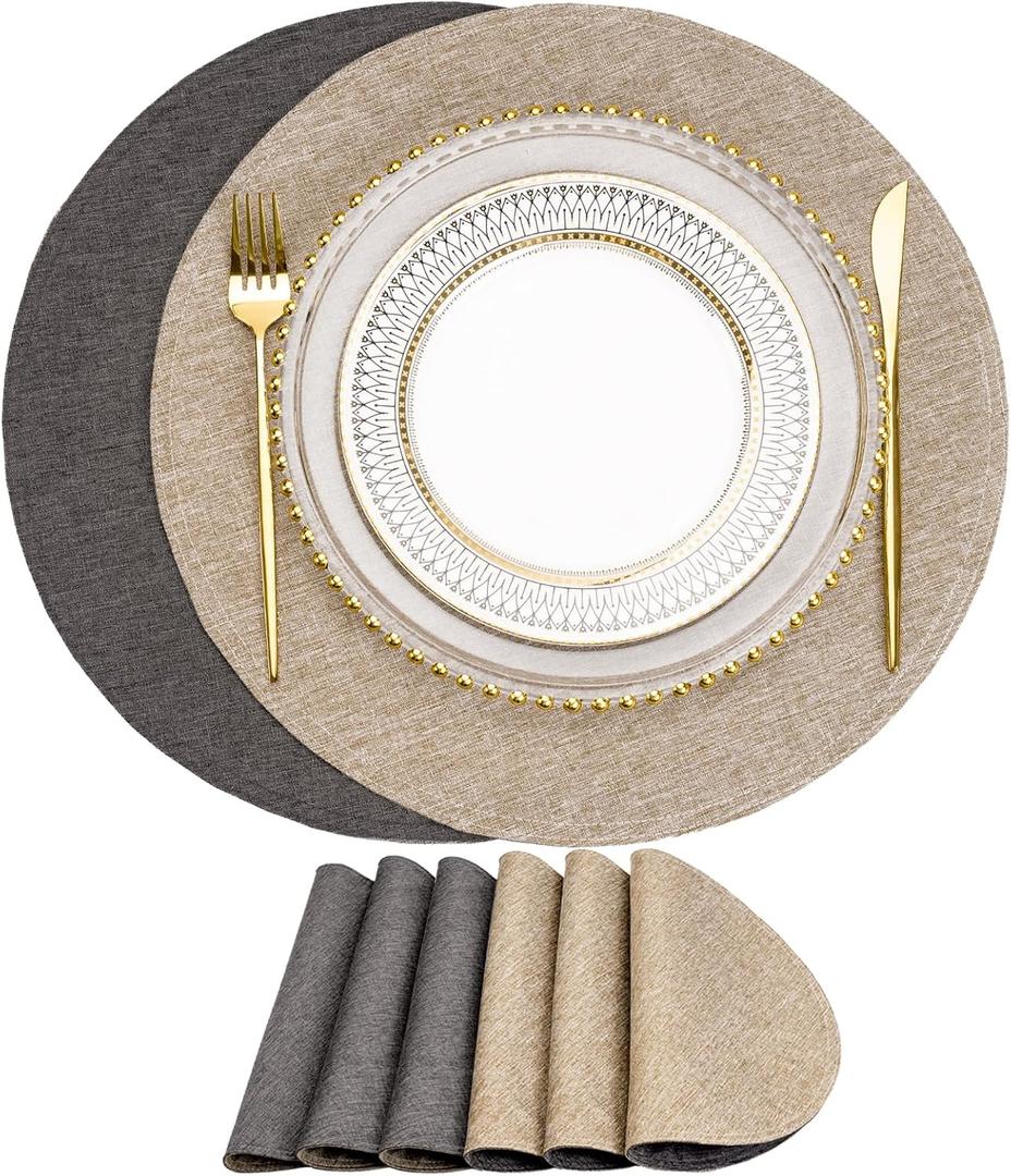 Eforcurtain Thick Linen Style Cloth Placemats Set of 6 Fabric Placemats Heat Resistant Machine Washable Table Mats Double Layer Water Absorbent Place Mats, Beige and Charcoal Round 15 Inch Place Mats