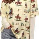 MYMORE Women's Oversized Western Cowgirl Graphic T Shirts 2 in 1 Short Mesh Sleeve Vintaged Rodeo Print Shirt with Thumb Hole (L)