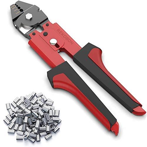 Wire Rope Crimping Tool, Up To 2.2mm Swager Crimper Fishing Wire Crimping Tool with 100 PCS Aluminum Double Barrel Ferrule Crimping Loop Sleeves Kit with Cutting Function for Cable