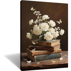 Moody Floral Canvas Wall Art Vintage Still Life Flowers on Old Books Print Framed Romantic Butterfly Painting Cottagecore Decor Library Bookish Gift Picture for Bedroom Living Room 24x18 Inch
