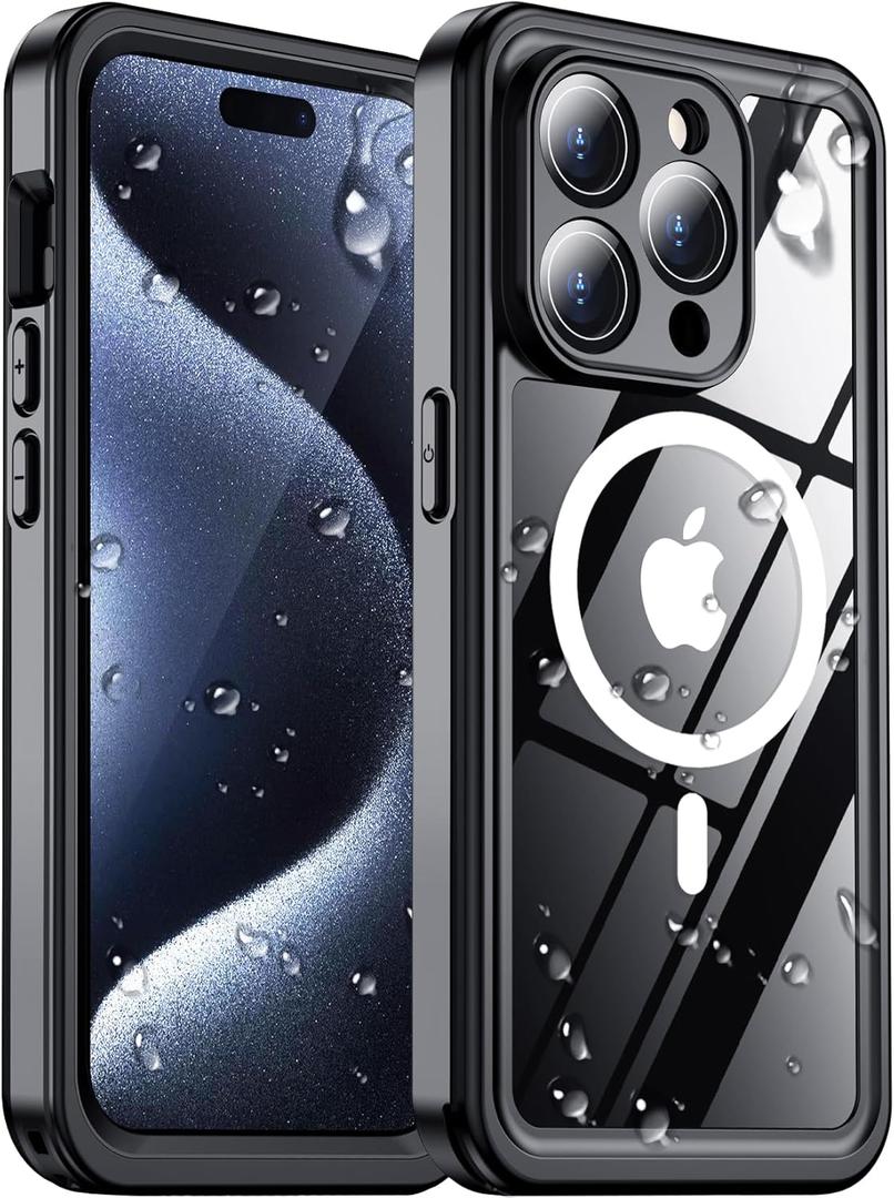 2024 New Designed for iPhone 15 Pro Case Waterproof, [Compatible with MagSafe][Built-in Camera & Screen Protector][Full Body Shockproof][IP68 Waterproof][Dustproof] Phone Case for iPhone 15 Pro 6.1" (Black/Clear-Mag)