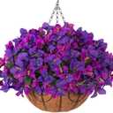 Artificial Hanging Flowers Faux Plants Basket for Outdoors Spring Summer Decor, Fake Silk Bougainvillea in Planter Outdoor Look Real UV Resistant Faux Flower for Outside Porch Patio Garden Home, Dark Purple + Fuchsia