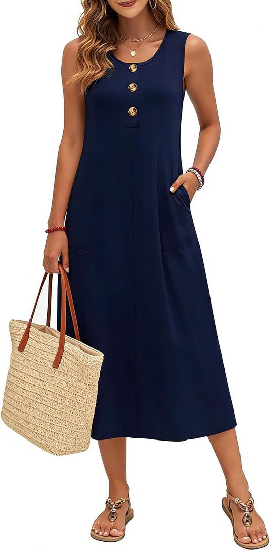 SimpleFun Womens Summer Dresses Casual Midi Sleeveless Button Front Beach Dress Vacation Sundresses with Pockets (Blue, M)