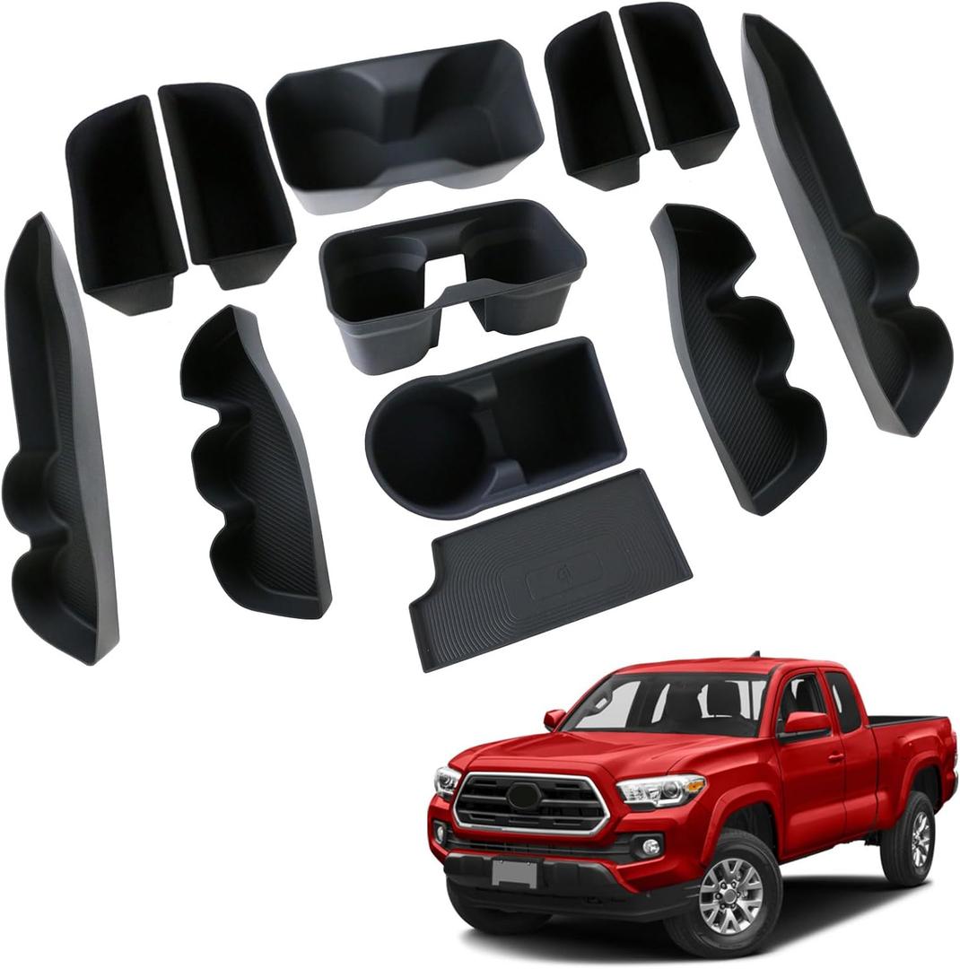 Interior Silicone Liner Insert Fit for 3rd Gen Tacoma 2016-2023，Fit Cup Holder, Door Pocket and Center Console Inserts Interior Silicone Organizer Tray Pads Kit