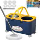 Compact Spin Mop and Bucket with Clean & Dirty Water System, Floor Mop with 360° Swivel Wheels, 61" Handle, 6 Reusable Mop Heads for for Wood, Tile, Vinyl, Baseboards- Blue/Yellow