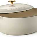 Tramontina Bestow Enameled Cast Iron Oval Dutch Oven Pot with Lid, Large 7-quart, Latte (Gold Knob)