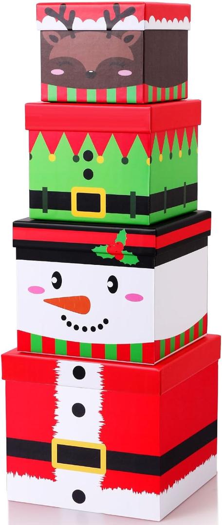 TaoBary 4 Pcs Christmas Nesting Gift Boxes Hard Xmas Stackable Decorative Boxes with Lids Elk Santa Snowman Elf Nested Decor for New Year Holiday Birthday Party Gift Decor