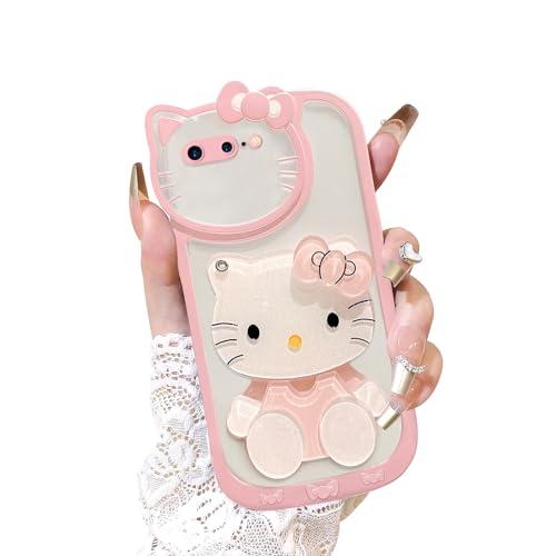XXYUIKEZI for iPhone 7 8 SE2020 SE2022 Kawaii Cartoon Cute Pink Phone Case，Built-in Makeup Mirror for Women Girls, Soft Transparent Protective Pink Phone Case