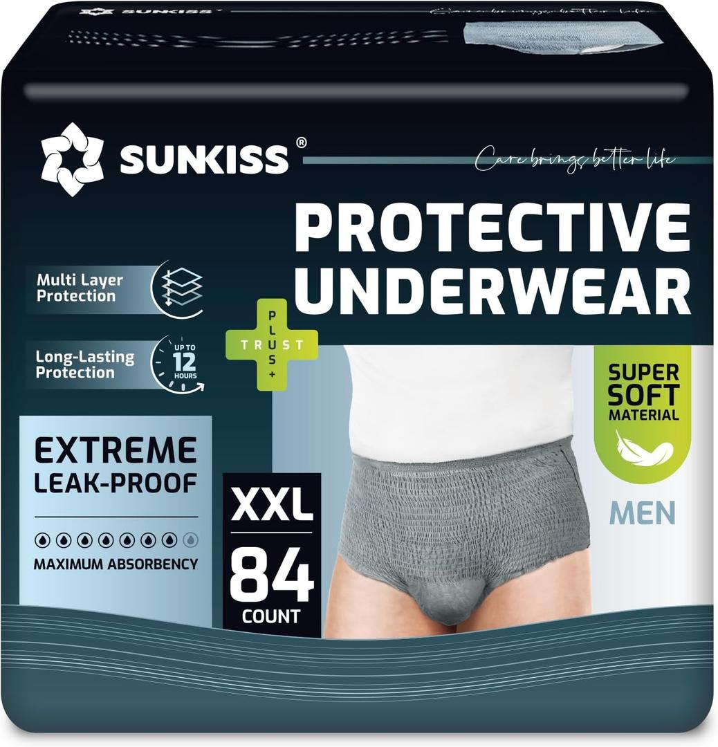 SUNKISS Super Soft Incontinence Underwear for Men, Daytime Disposable Adult Pull Ups, Mens Protective Diapers with Maximum Absorbency, XXLarge, Grey, 84 Count