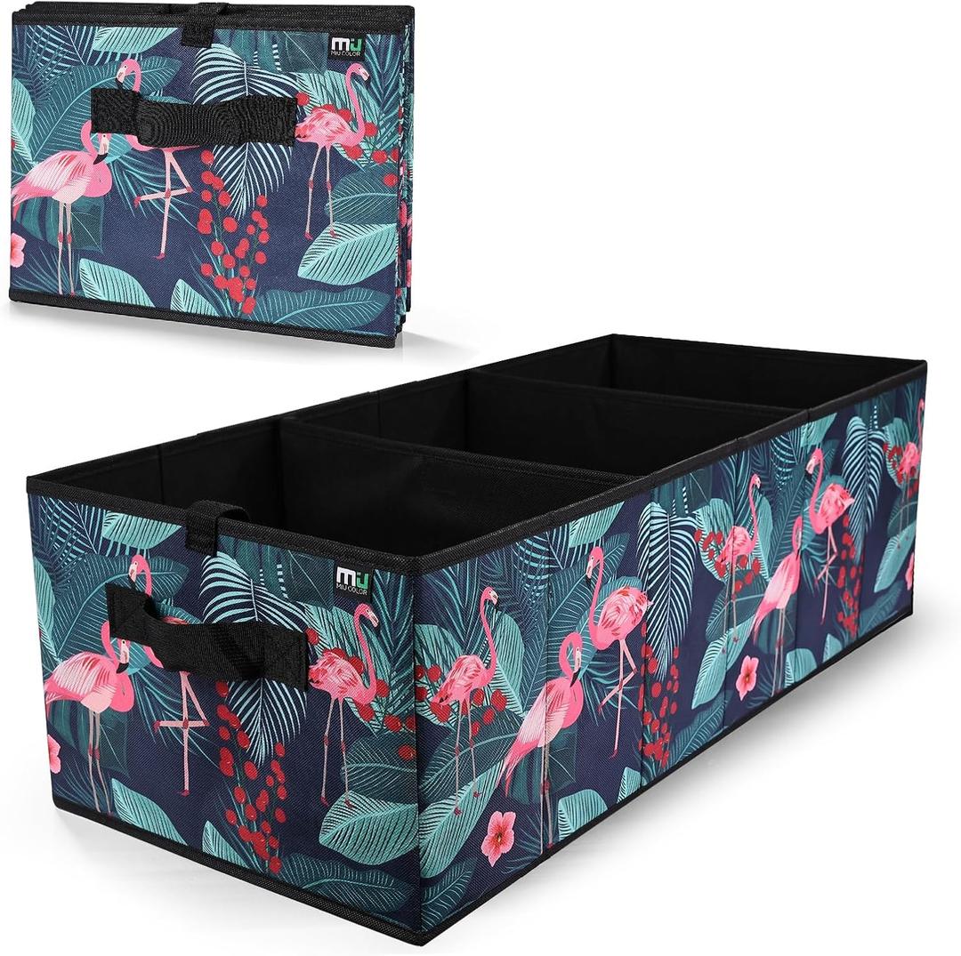 MIU COLOR Trunk Organizer, Collapsible Car Trunk Organizer, Non-Slip Bottom, Storage Organizer for SUV, Sedans, Van, Jeep, Grocery, Large 3 Compartments Car Organizer for Women, Flamingo, 32"x13"x10"