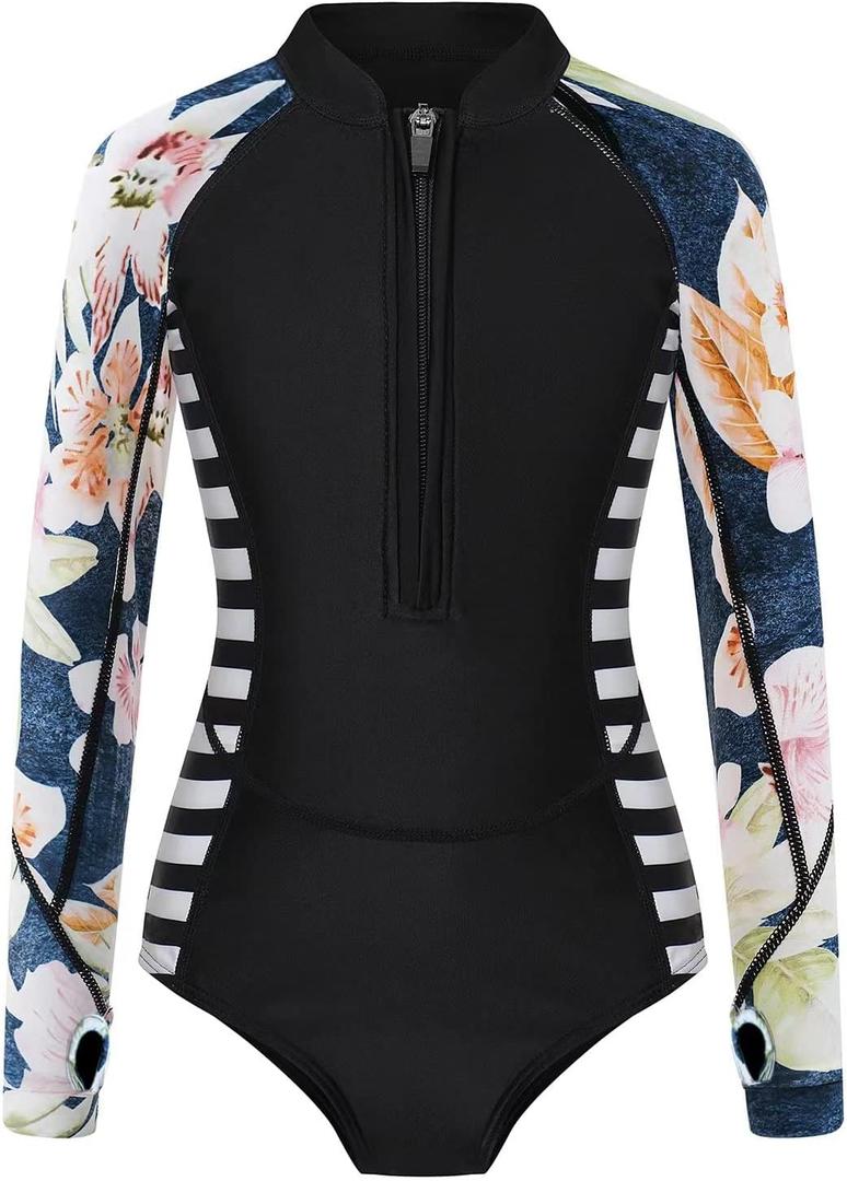 Girls Long Sleeve One-Piece Swimsuit: Rash Guard UV UPF 50+ Sun Protection Surfing Bathing Suit 9 10 11 Years